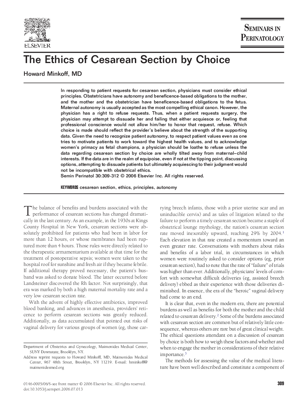 The Ethics of Cesarean Section by Choice