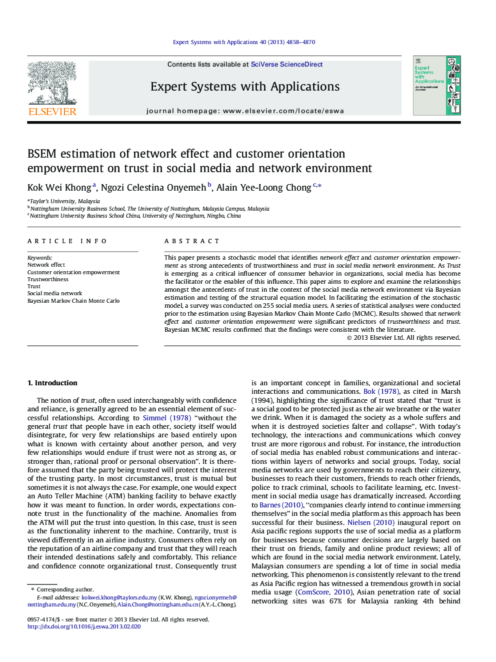 BSEM estimation of network effect and customer orientation empowerment on trust in social media and network environment