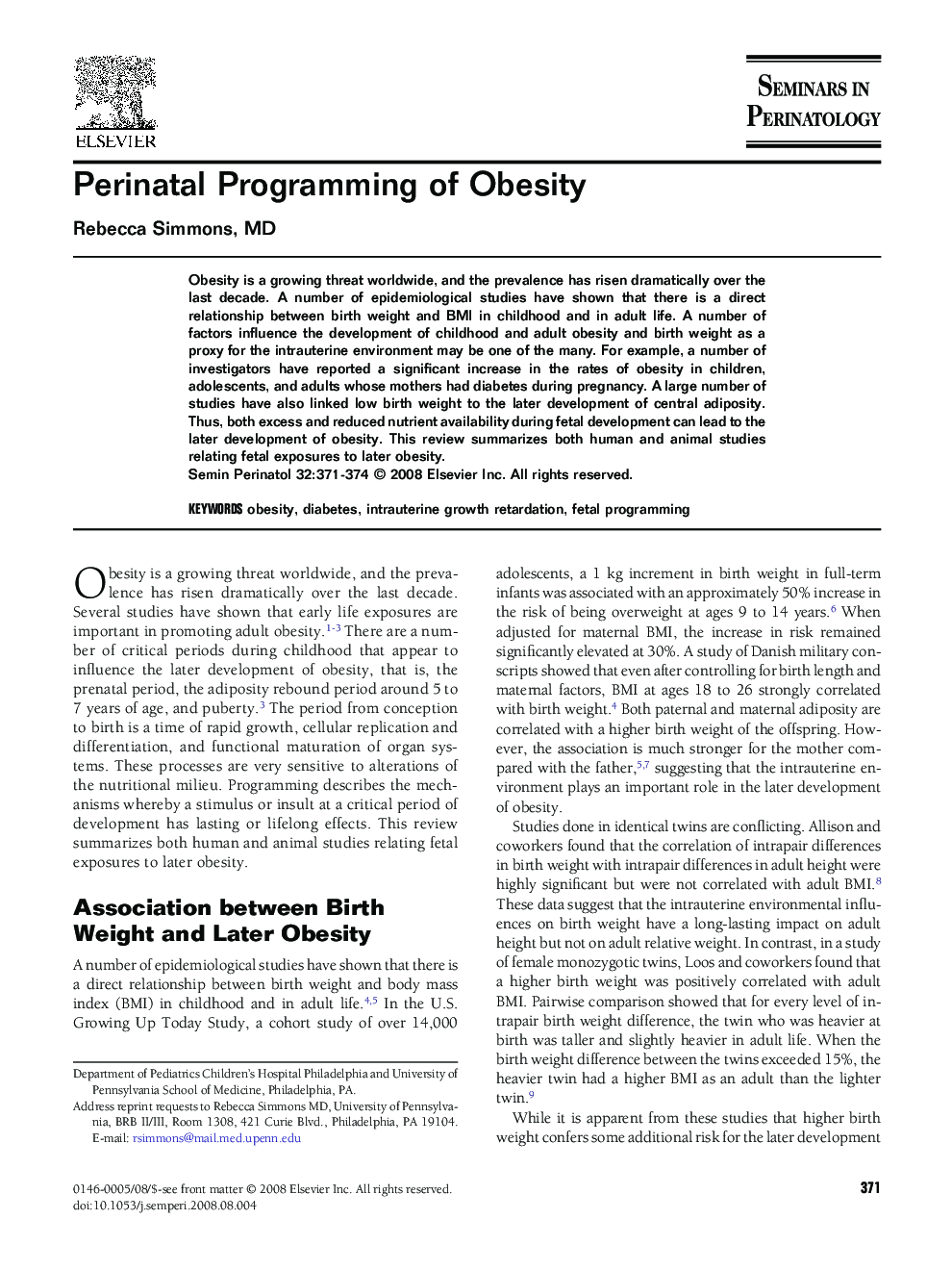 Perinatal Programming of Obesity