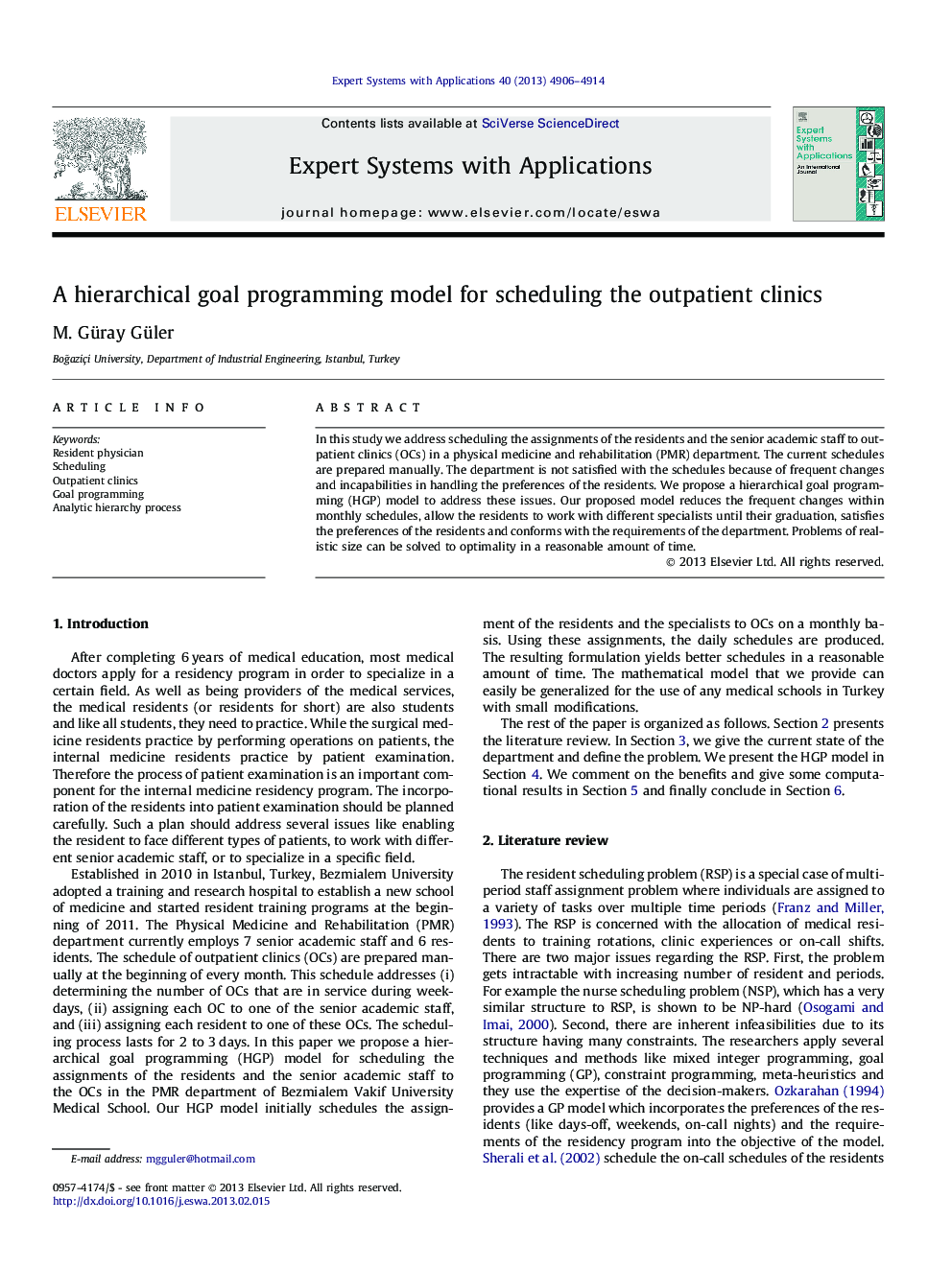 A hierarchical goal programming model for scheduling the outpatient clinics