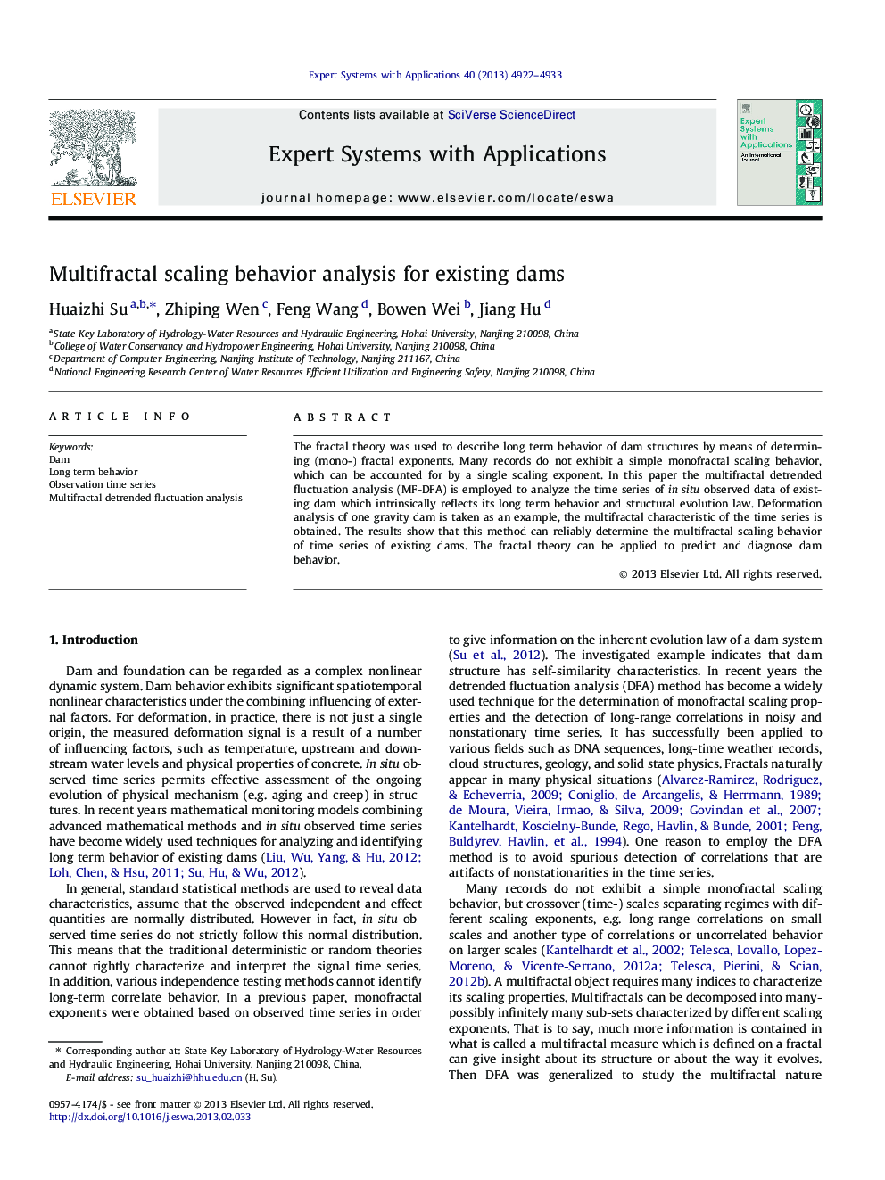 Multifractal scaling behavior analysis for existing dams