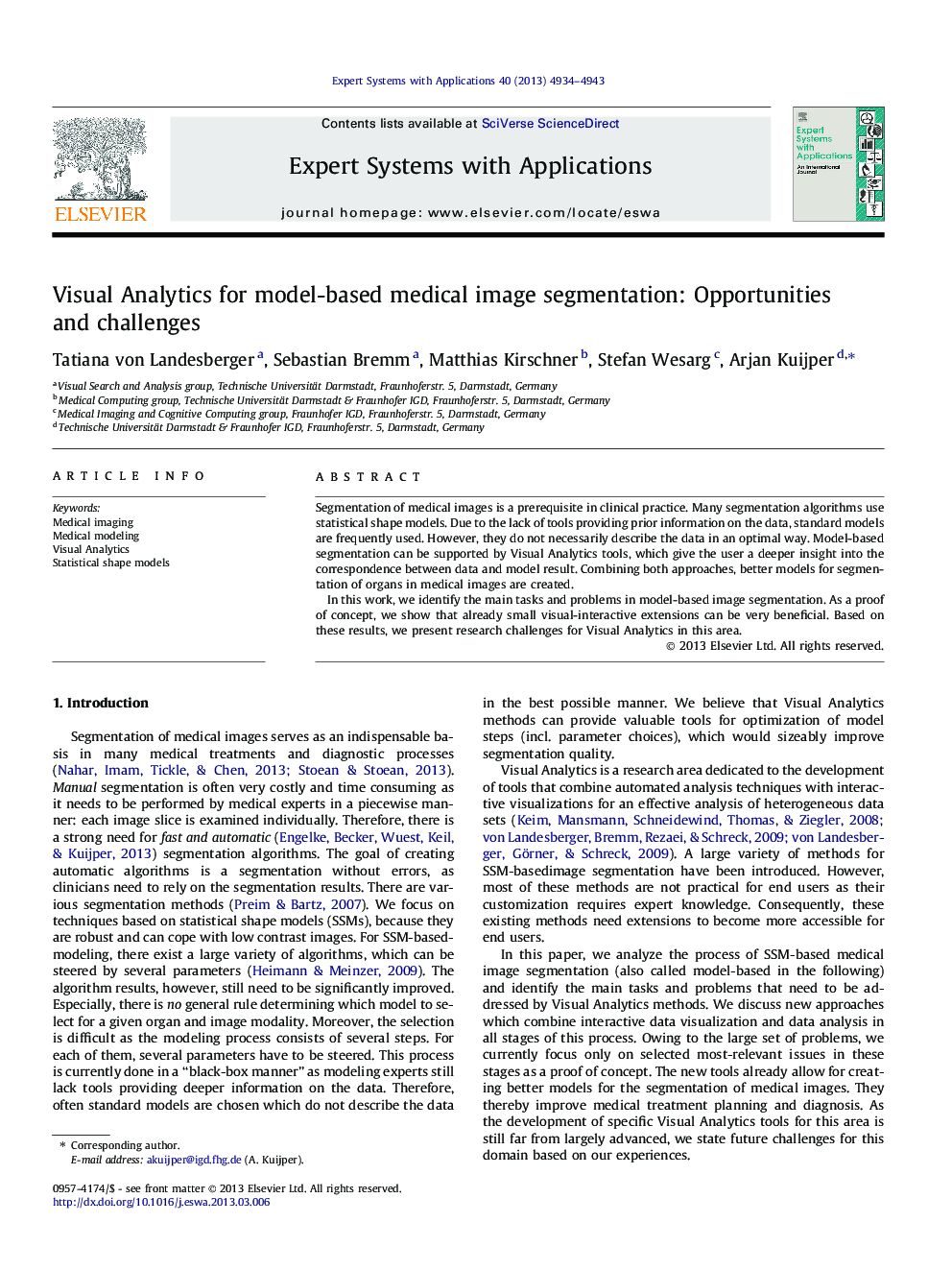 Visual Analytics for model-based medical image segmentation: Opportunities and challenges