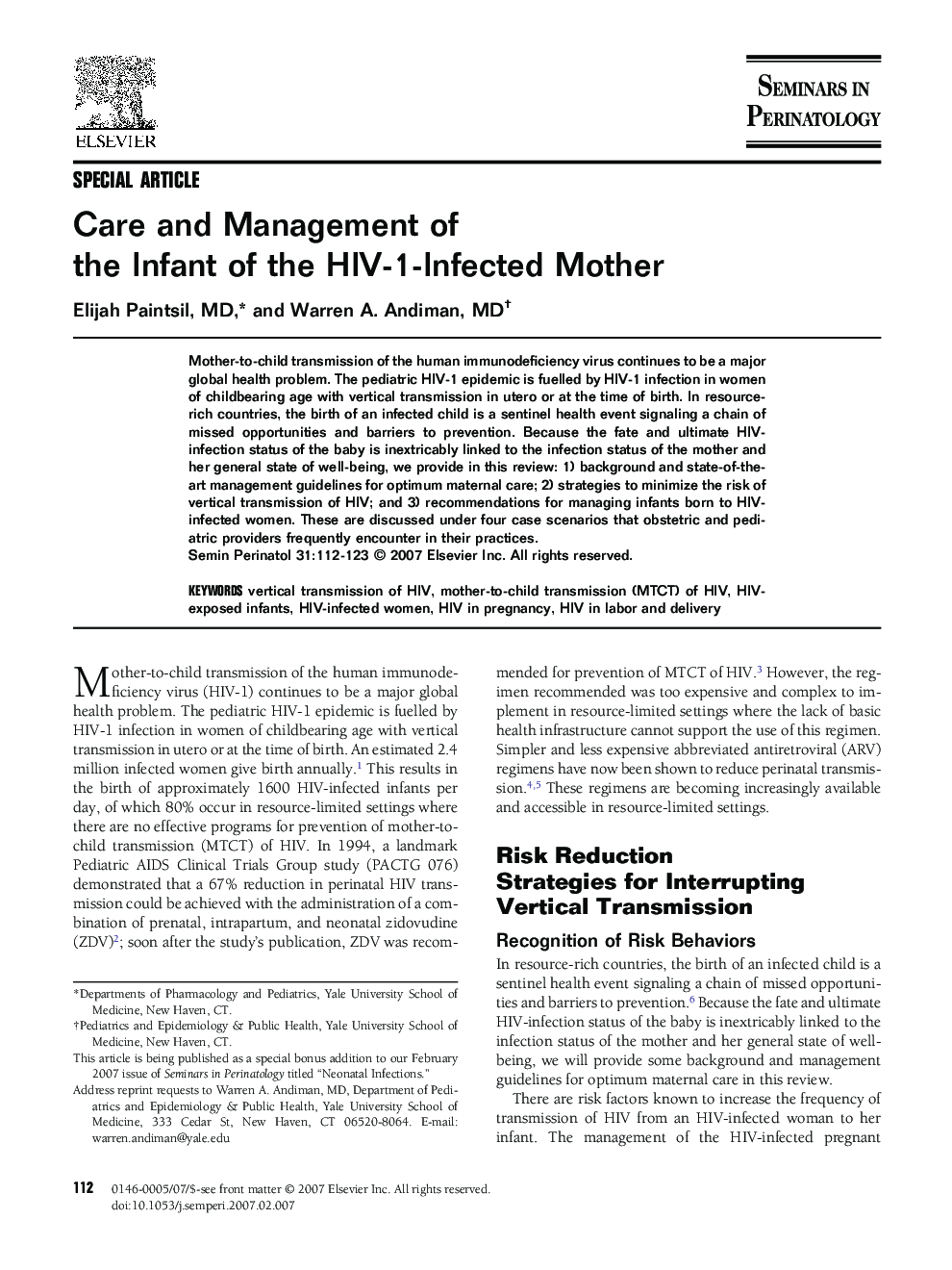 Care and Management of the Infant of the HIV-1-Infected Mother 