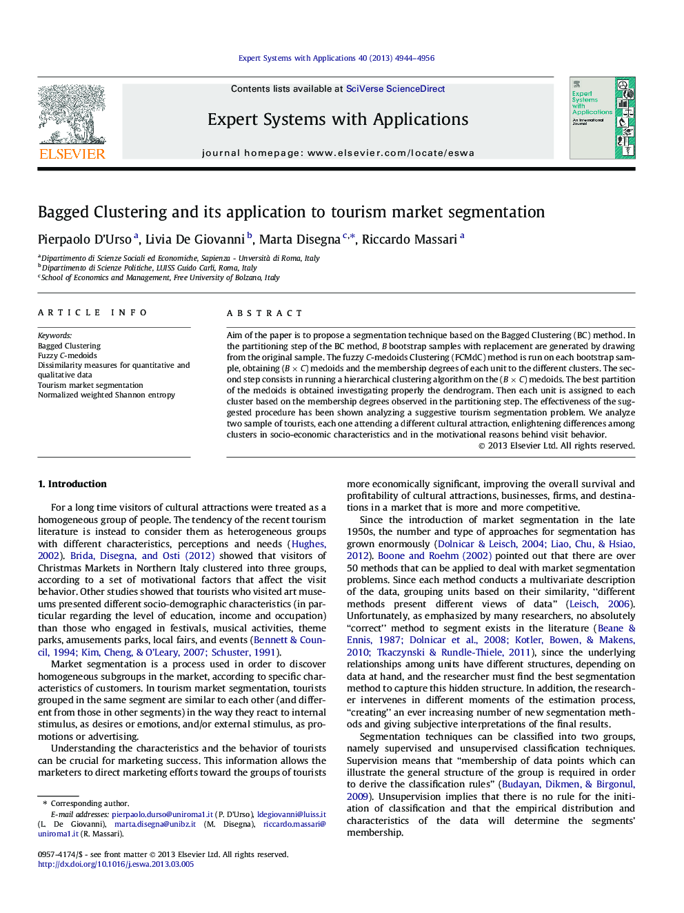 عکس صفحه اول مقاله: Bagged Clustering and its application to tourism market segmentation Bagged Clustering and its application to tourism market segmentation
