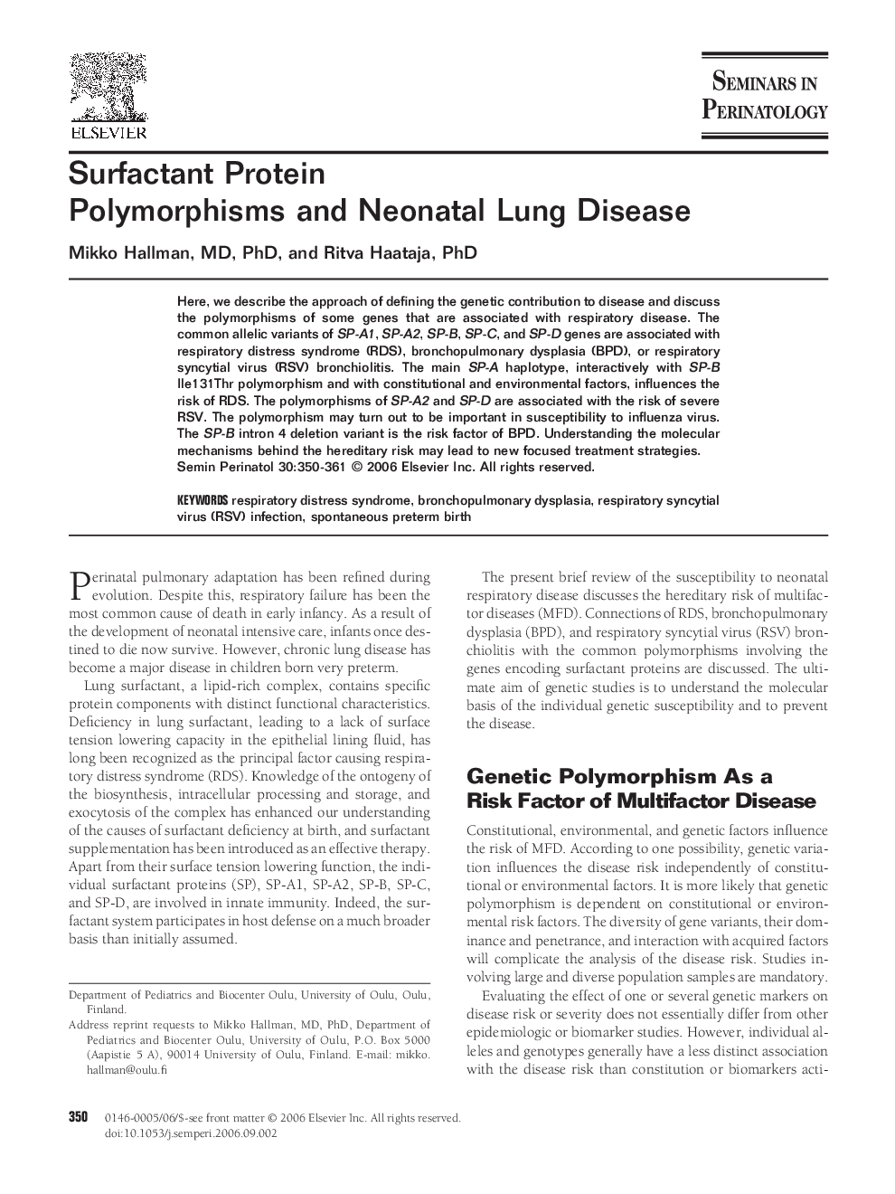 Surfactant Protein Polymorphisms and Neonatal Lung Disease