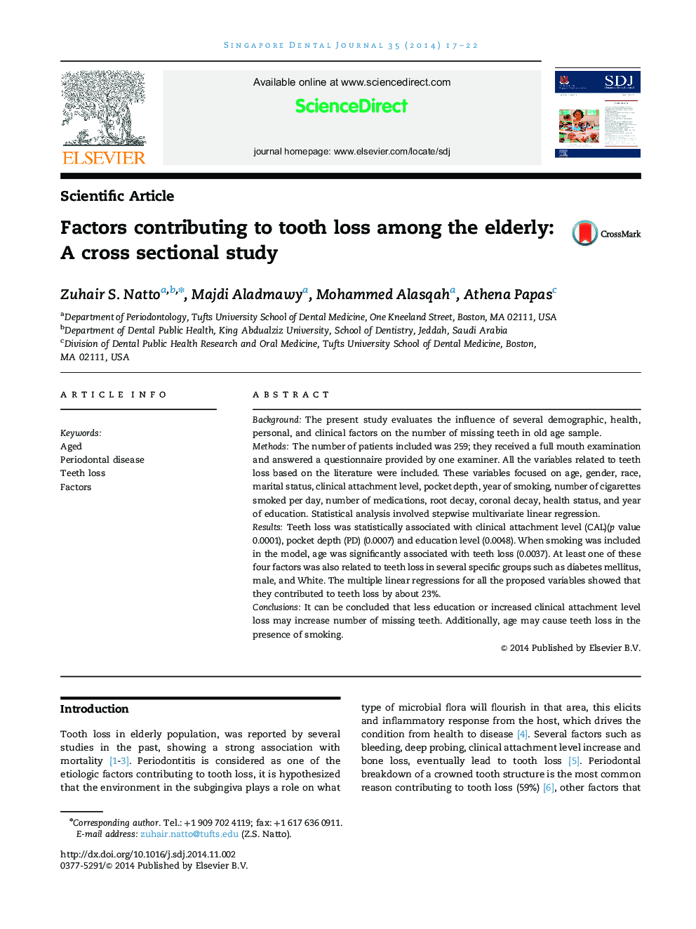 Factors contributing to tooth loss among the elderly: A cross sectional study