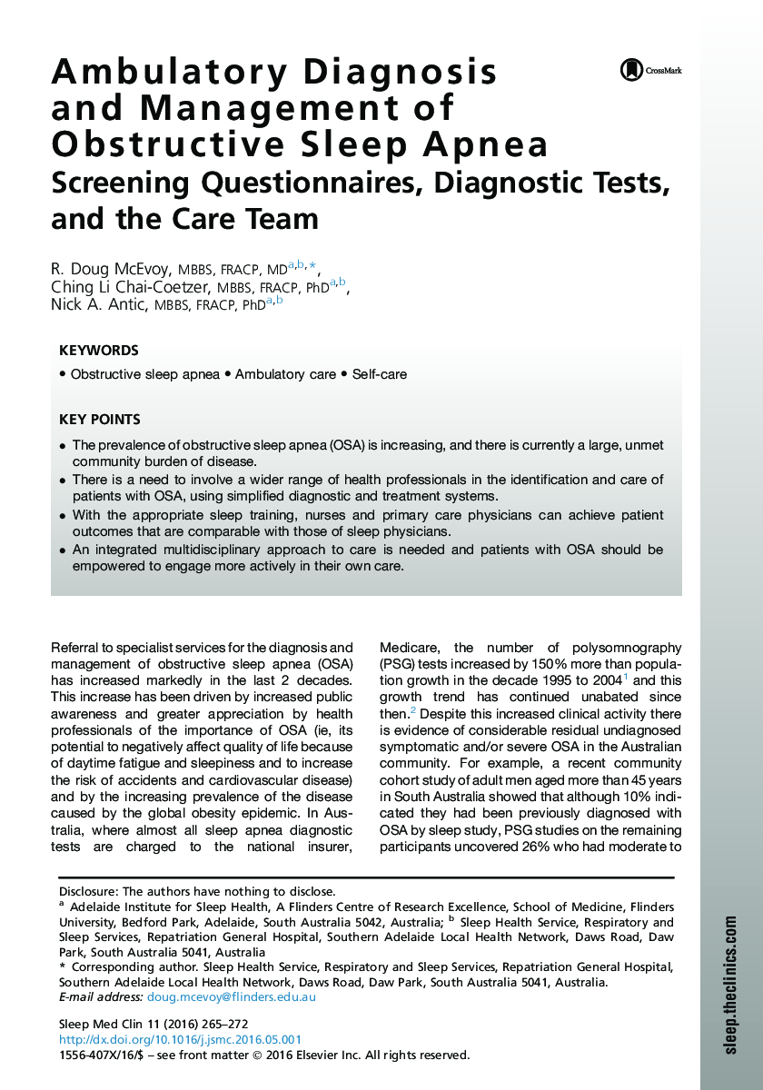 Ambulatory Diagnosis and Management of Obstructive Sleep Apnea