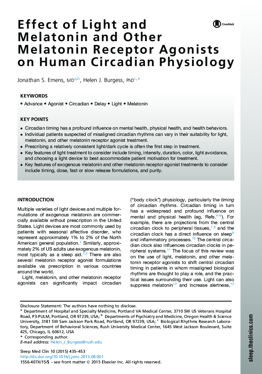 Effect of Light and Melatonin and Other Melatonin Receptor Agonists on Human Circadian Physiology