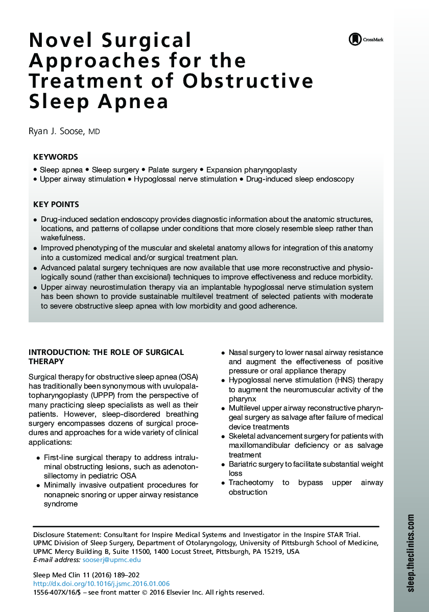 Novel Surgical Approaches for the Treatment of Obstructive Sleep Apnea