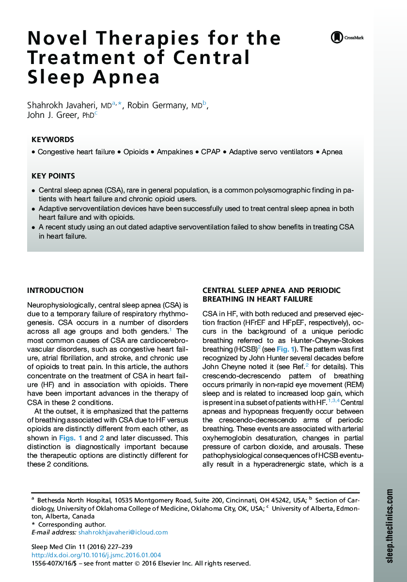 Novel Therapies for the Treatment of Central Sleep Apnea