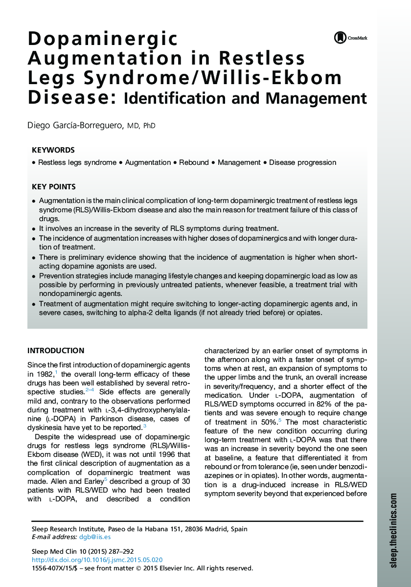 Dopaminergic Augmentation in Restless Legs Syndrome/Willis-Ekbom Disease