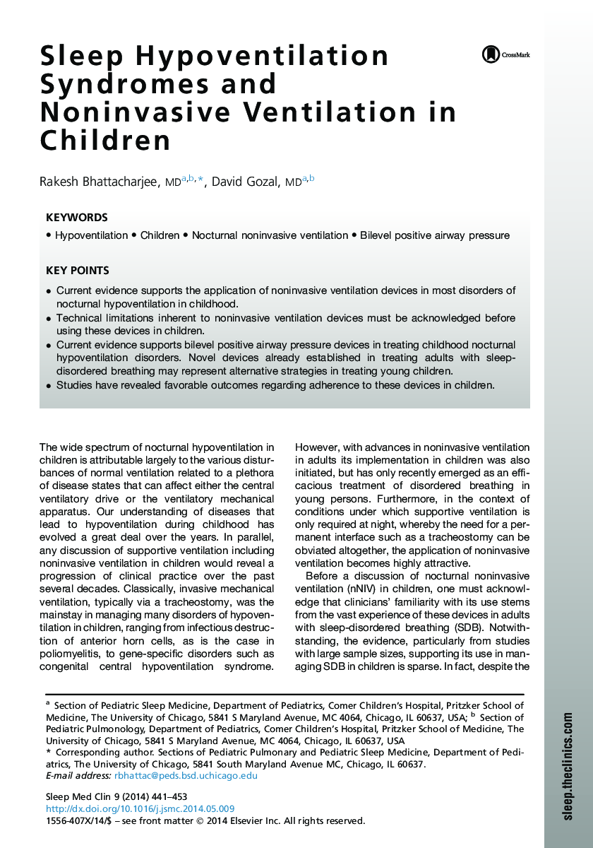 Sleep Hypoventilation Syndromes and Noninvasive Ventilation in Children