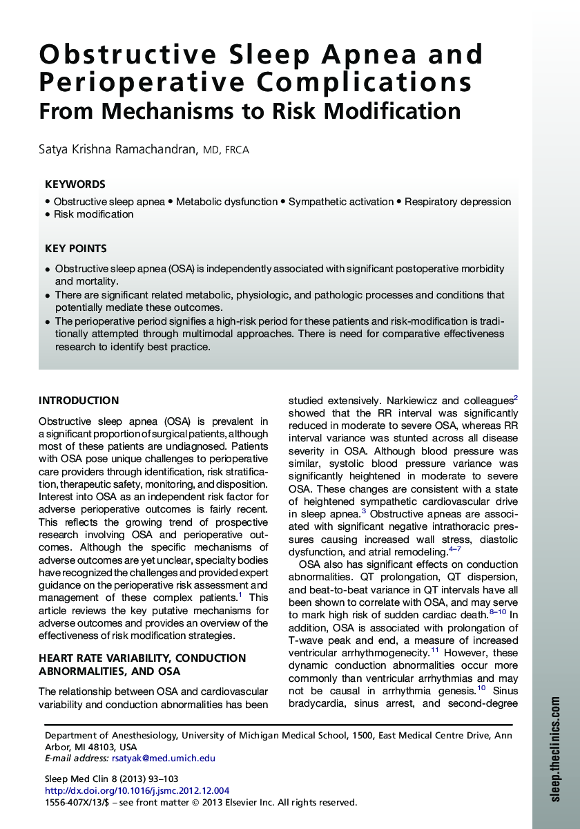 عکس صفحه اول مقاله: Obstructive Sleep Apnea and Perioperative Complications Obstructive Sleep Apnea and Perioperative Complications