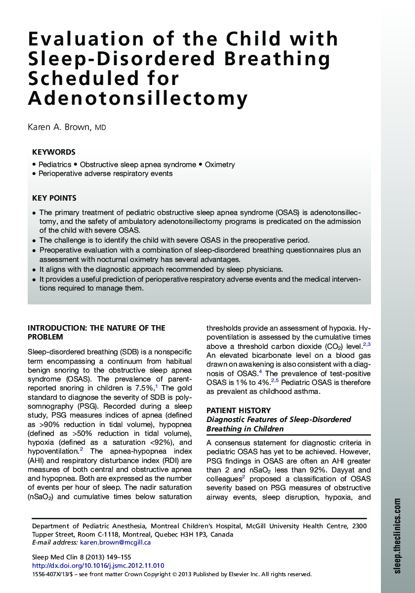 Evaluation of the Child with Sleep-Disordered Breathing Scheduled for Adenotonsillectomy