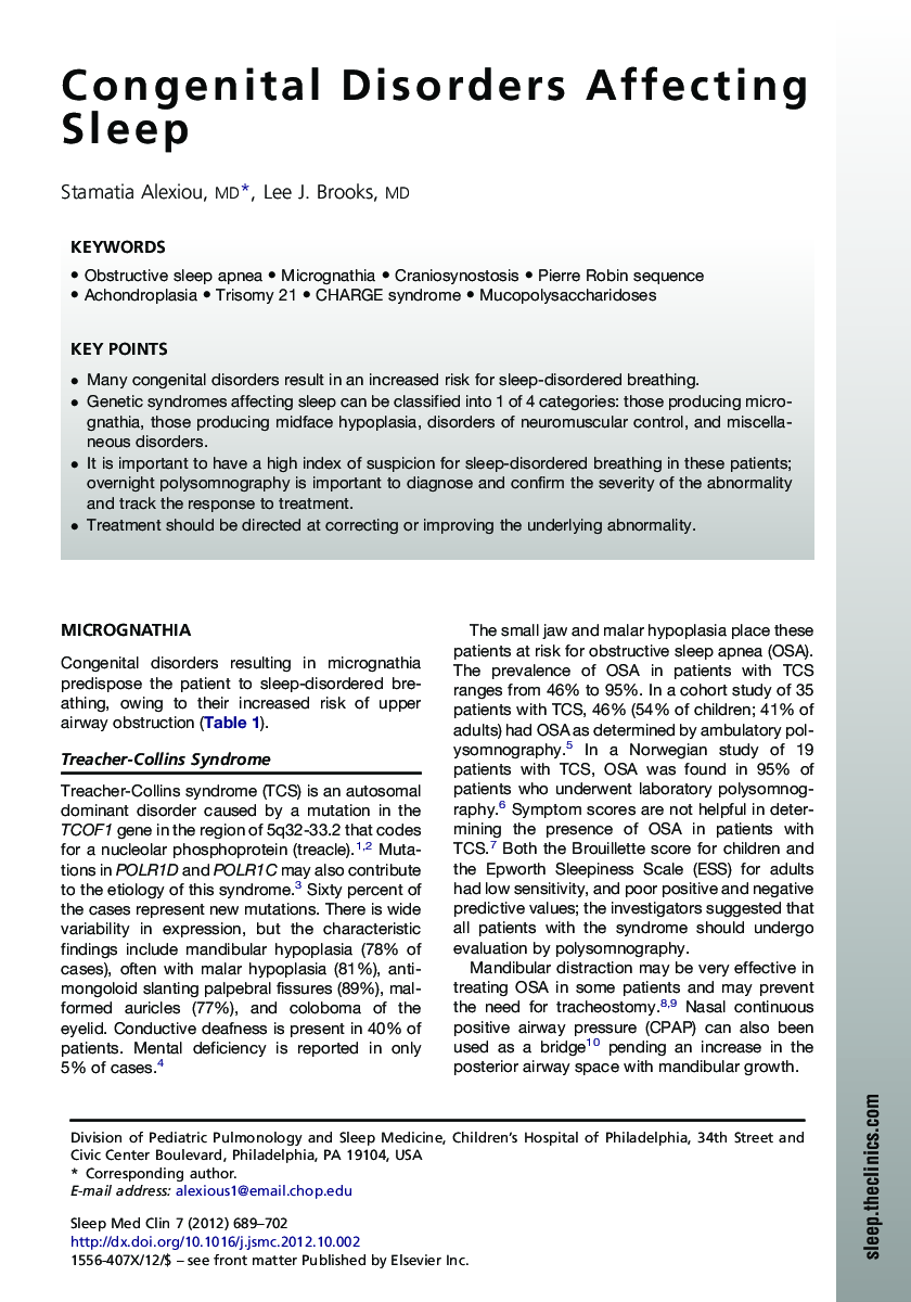 Congenital Disorders Affecting Sleep