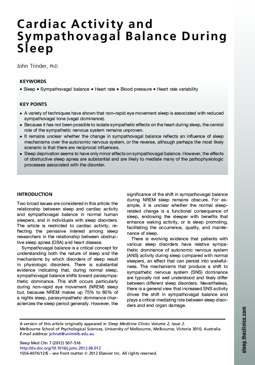 Cardiac Activity and Sympathovagal Balance During Sleep