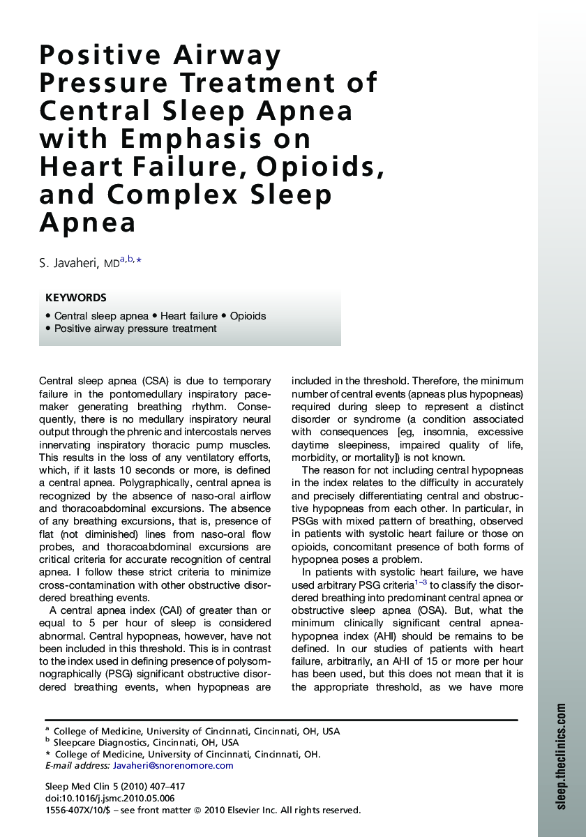 Positive Airway Pressure Treatment of Central Sleep Apnea with Emphasis on Heart Failure, Opioids, and Complex Sleep Apnea