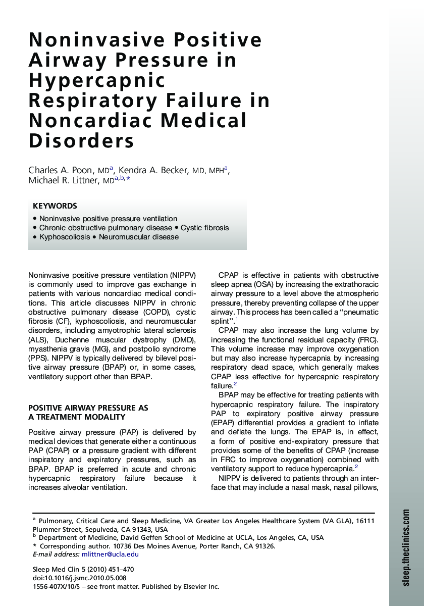 Noninvasive Positive Airway Pressure in Hypercapnic Respiratory Failure in Noncardiac Medical Disorders