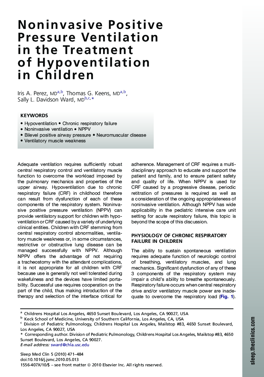 Noninvasive Positive Pressure Ventilation in the Treatment of Hypoventilation in Children