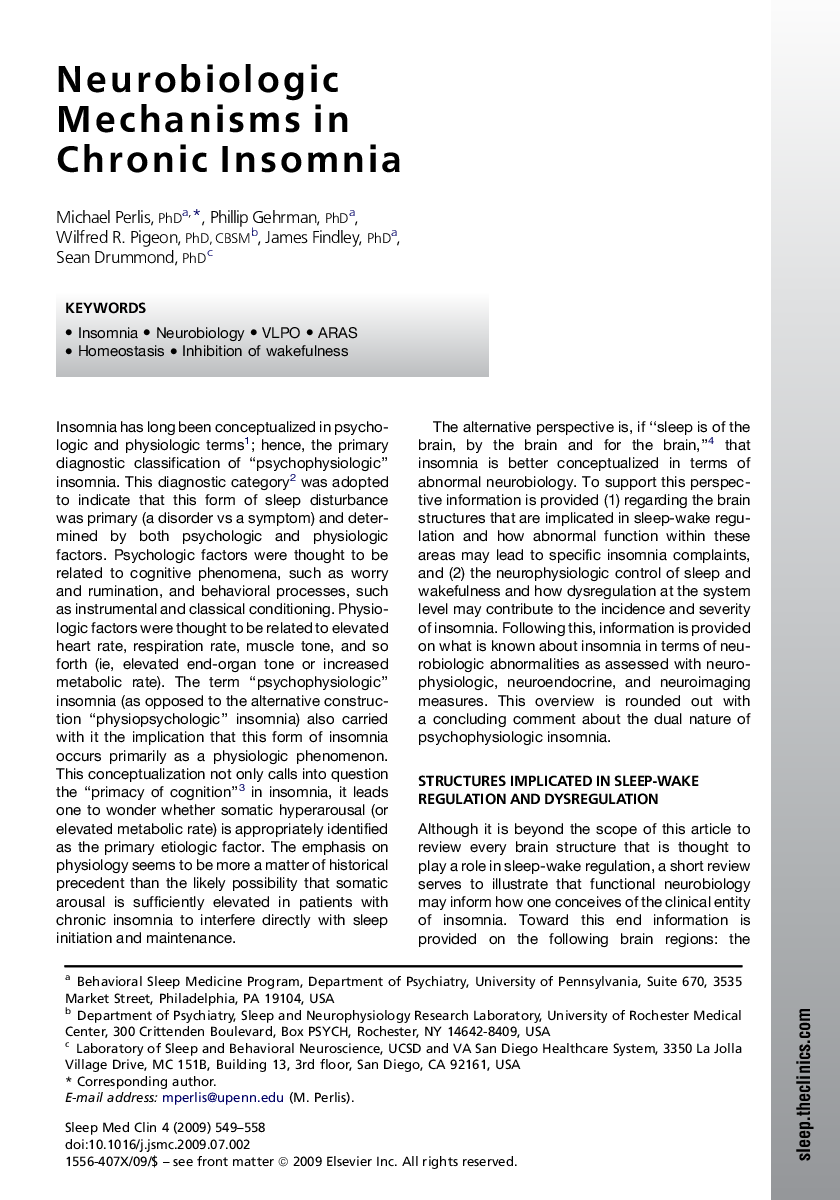 Neurobiologic Mechanisms in Chronic Insomnia