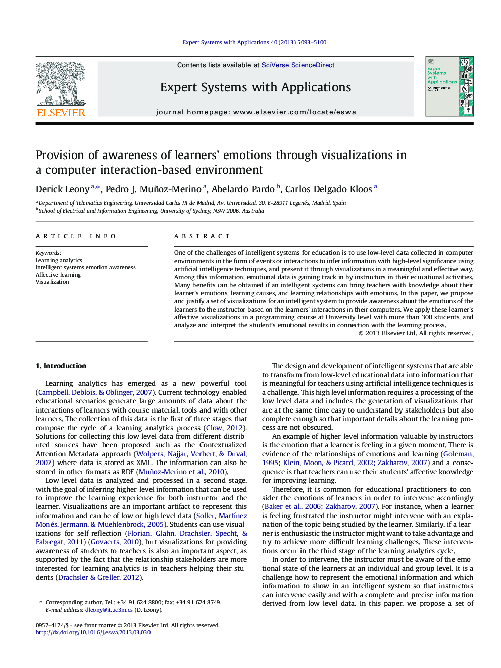 Provision of awareness of learners’ emotions through visualizations in a computer interaction-based environment