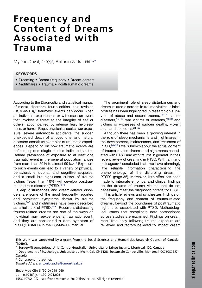 Frequency and Content of Dreams Associated with Trauma