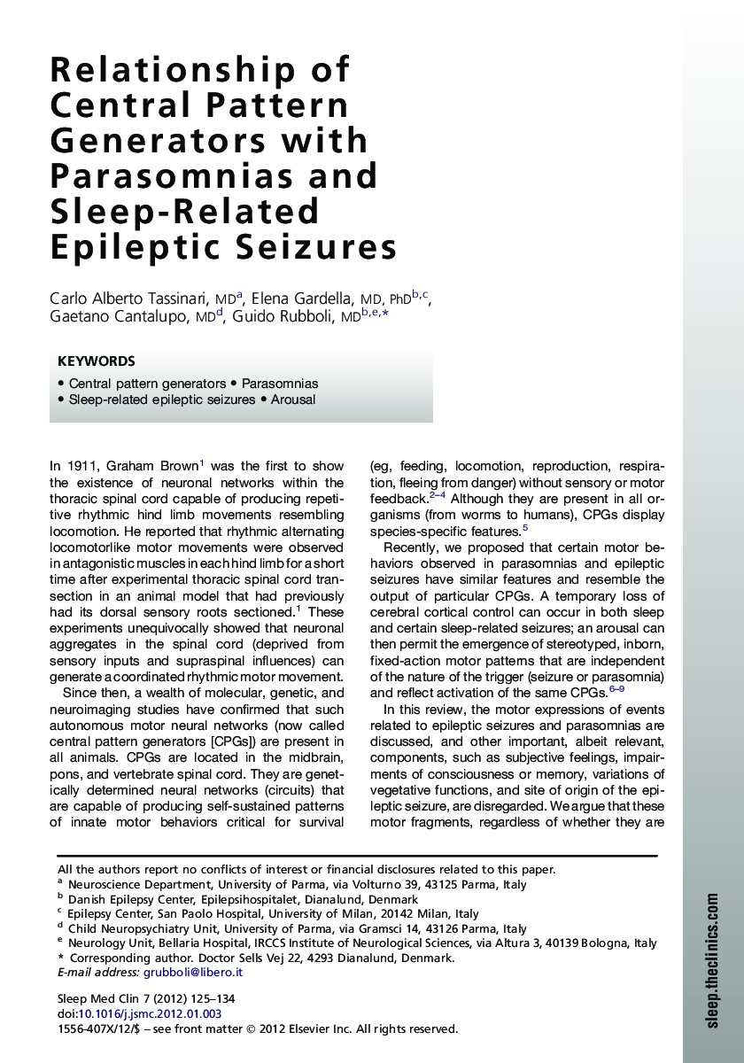 Relationship of Central Pattern Generators with Parasomnias and Sleep-Related Epileptic Seizures