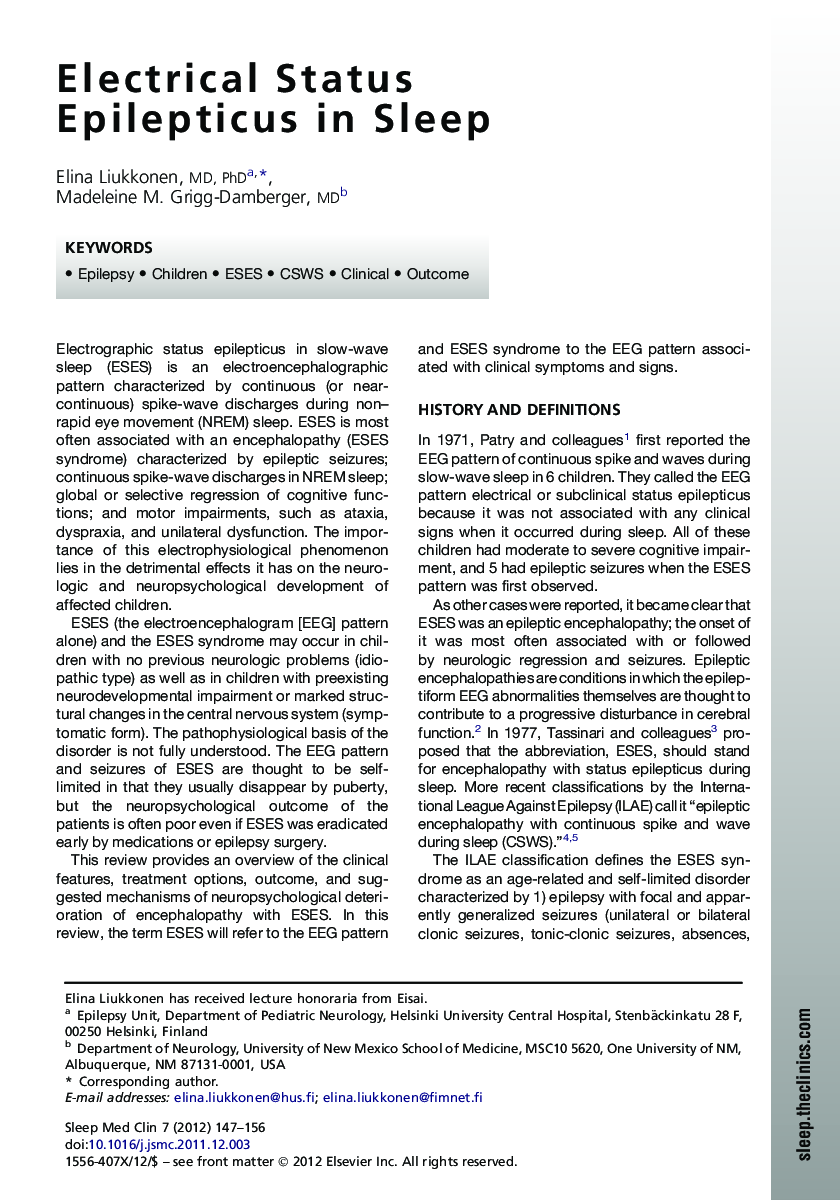 Electrical Status Epilepticus in Sleep