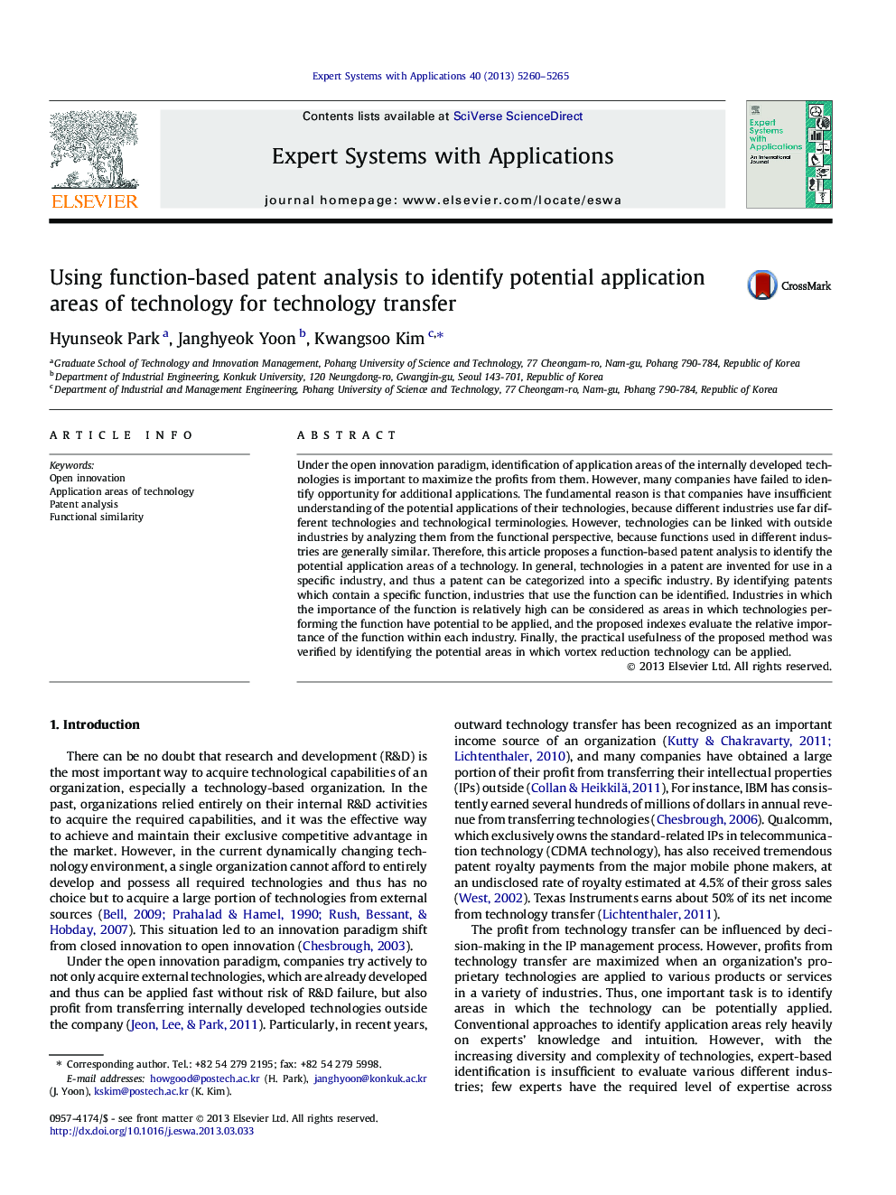 Using function-based patent analysis to identify potential application areas of technology for technology transfer