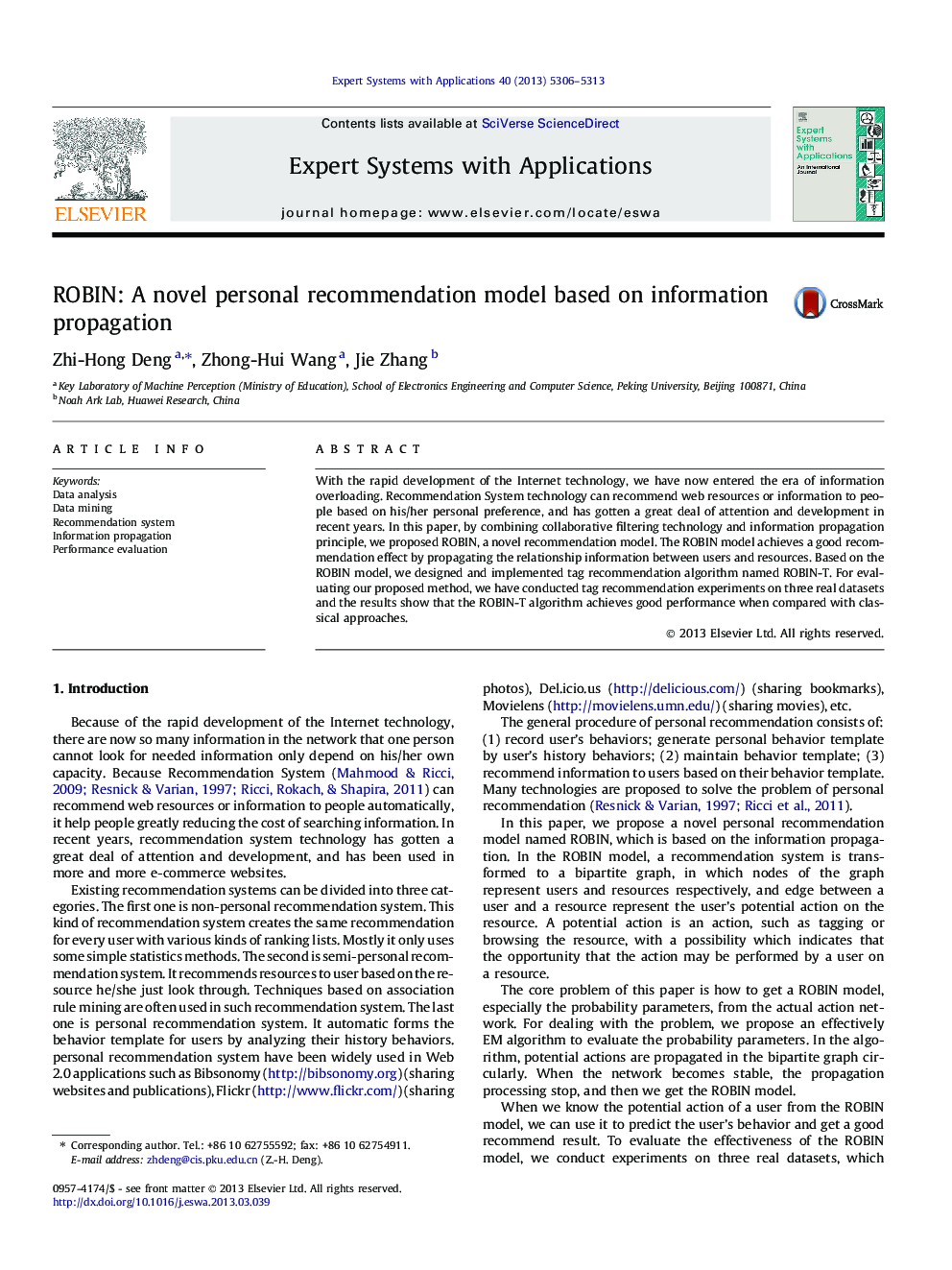 ROBIN: A novel personal recommendation model based on information propagation