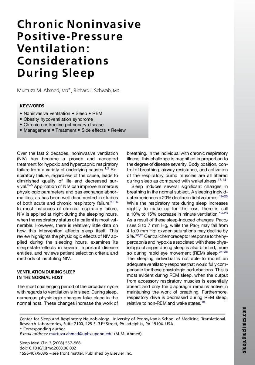 Chronic Noninvasive Positive-Pressure Ventilation: Considerations During Sleep