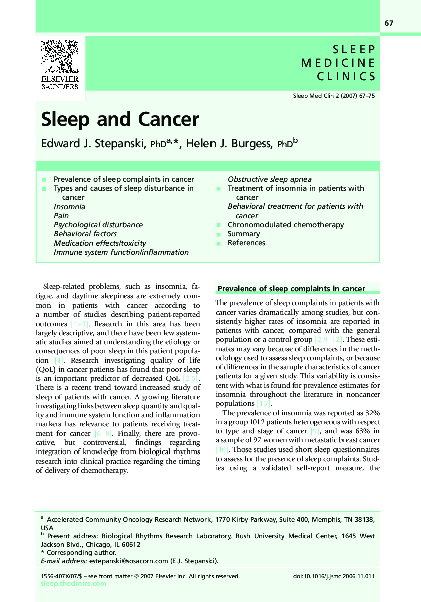 Sleep and Cancer