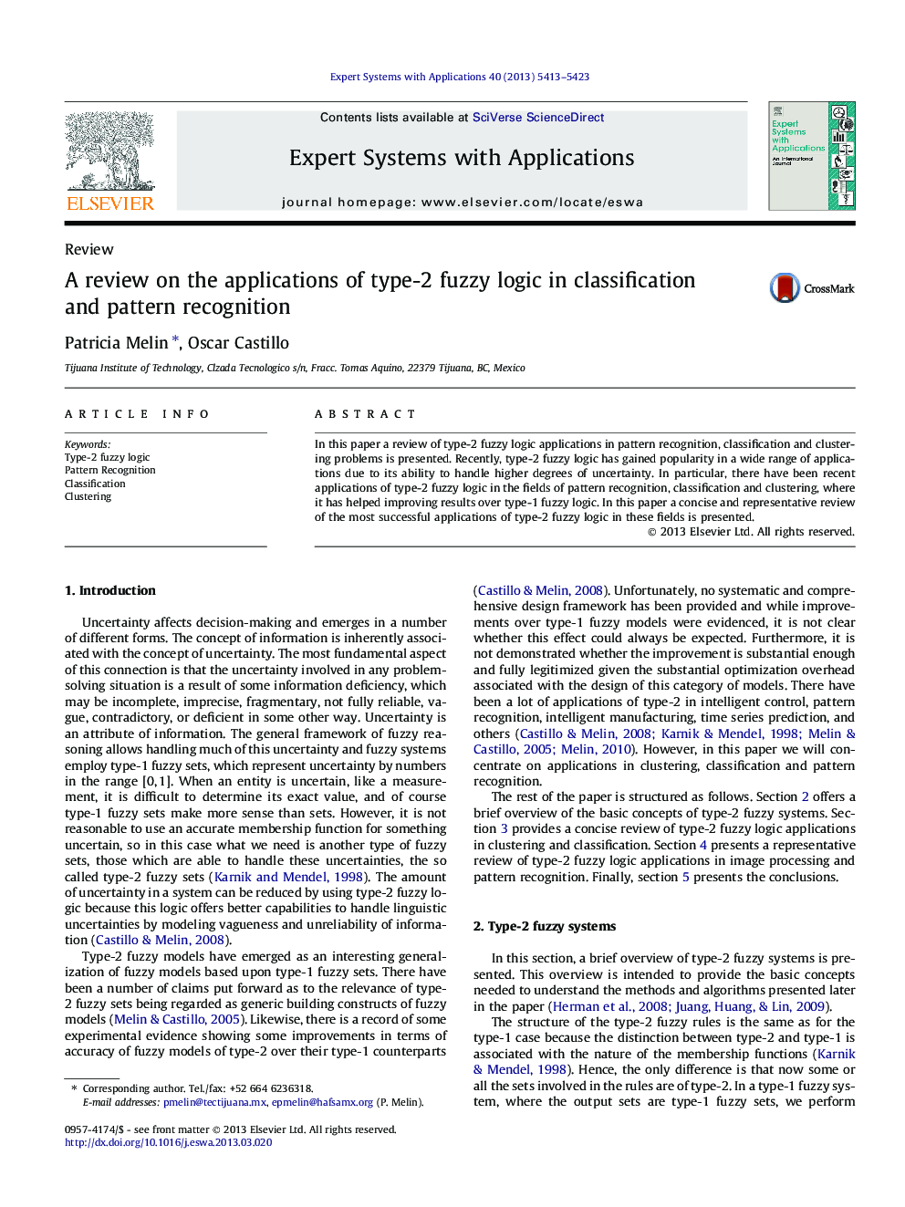 A review on the applications of type-2 fuzzy logic in classification and pattern recognition
