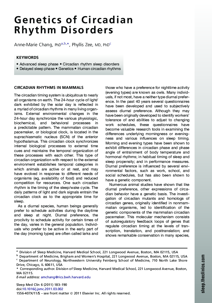 Genetics of Circadian Rhythm Disorders