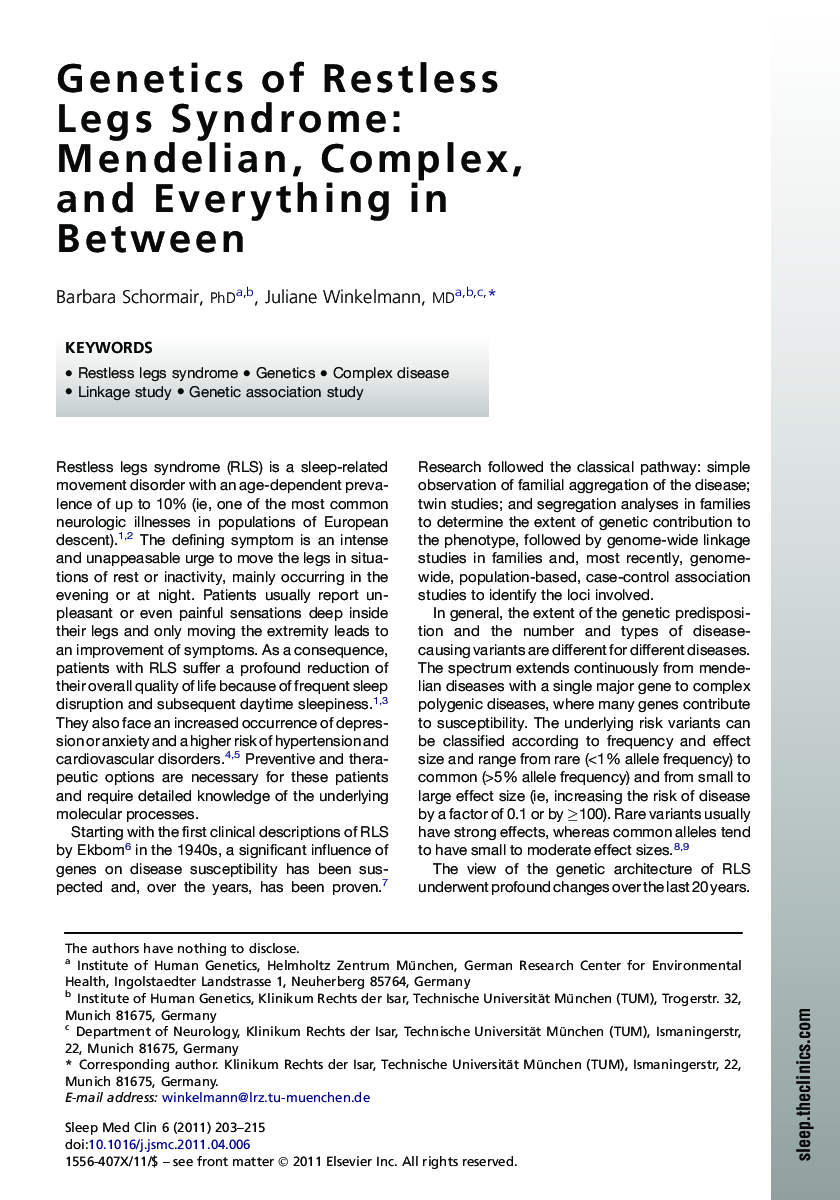 Genetics of Restless Legs Syndrome: Mendelian, Complex, and Everything in Between