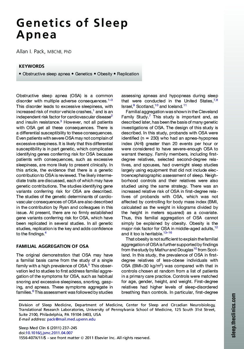 Genetics of Sleep Apnea