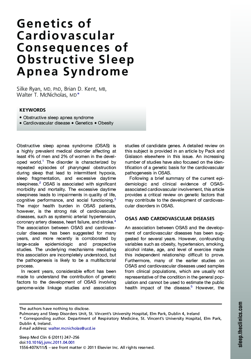 Genetics of Cardiovascular Consequences of Obstructive Sleep Apnea Syndrome