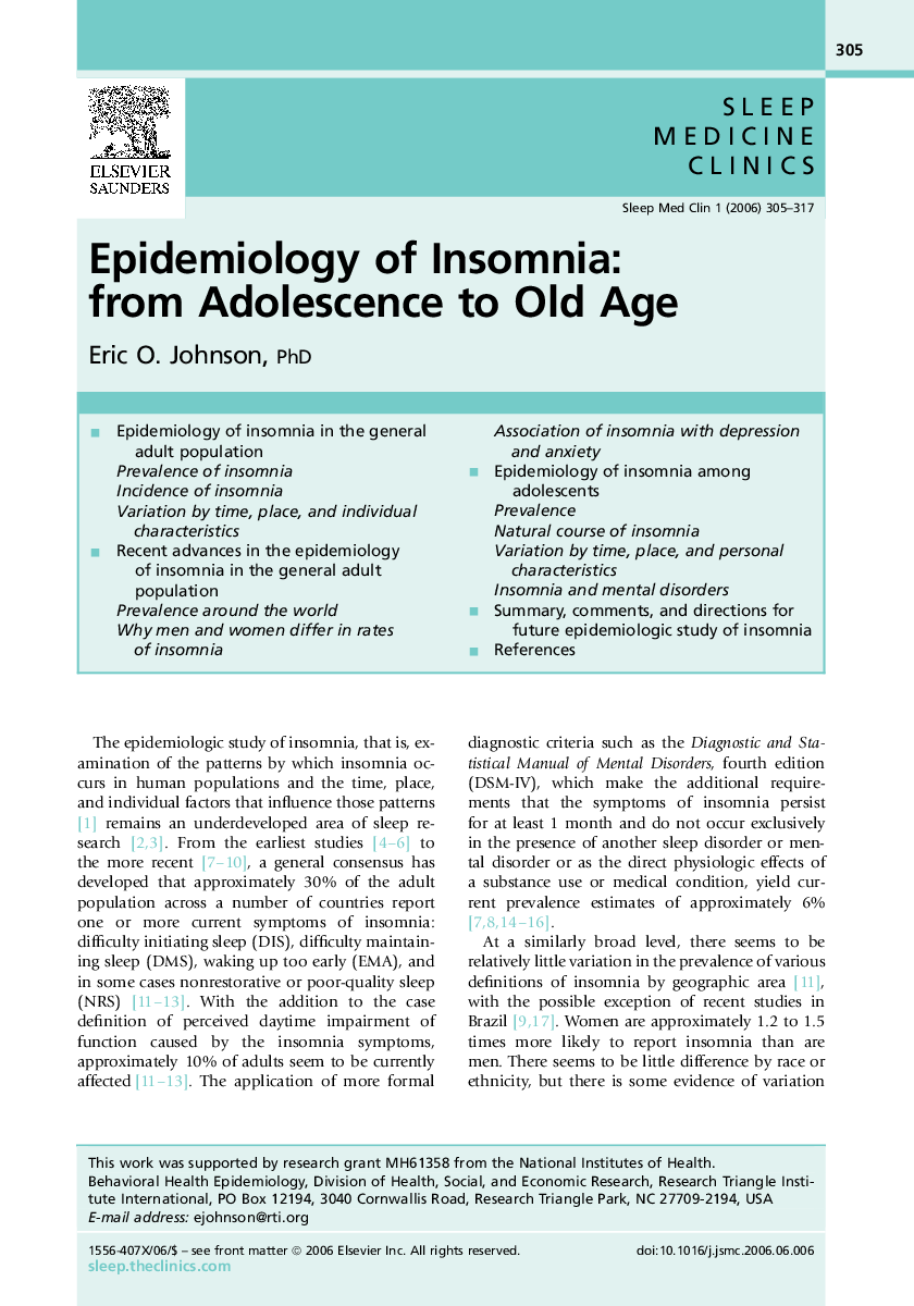 Epidemiology of Insomnia: from Adolescence to Old Age