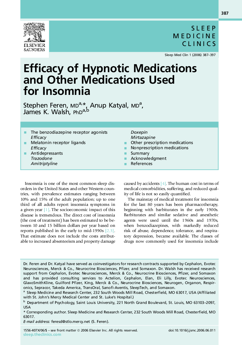 Efficacy of Hypnotic Medications and Other Medications Used for Insomnia
