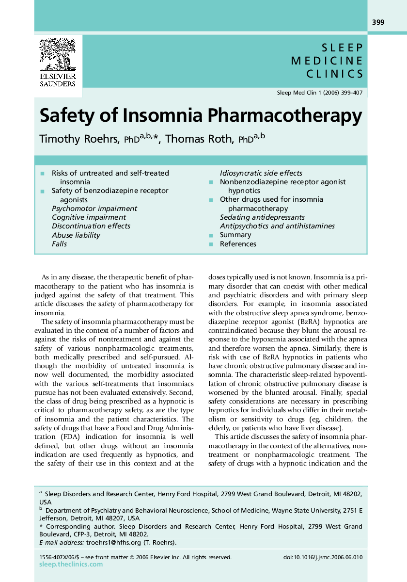 Safety of Insomnia Pharmacotherapy