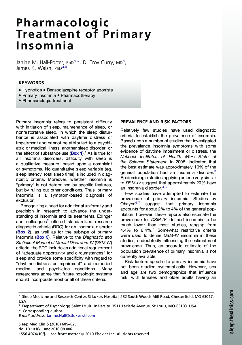 Pharmacologic Treatment of Primary Insomnia