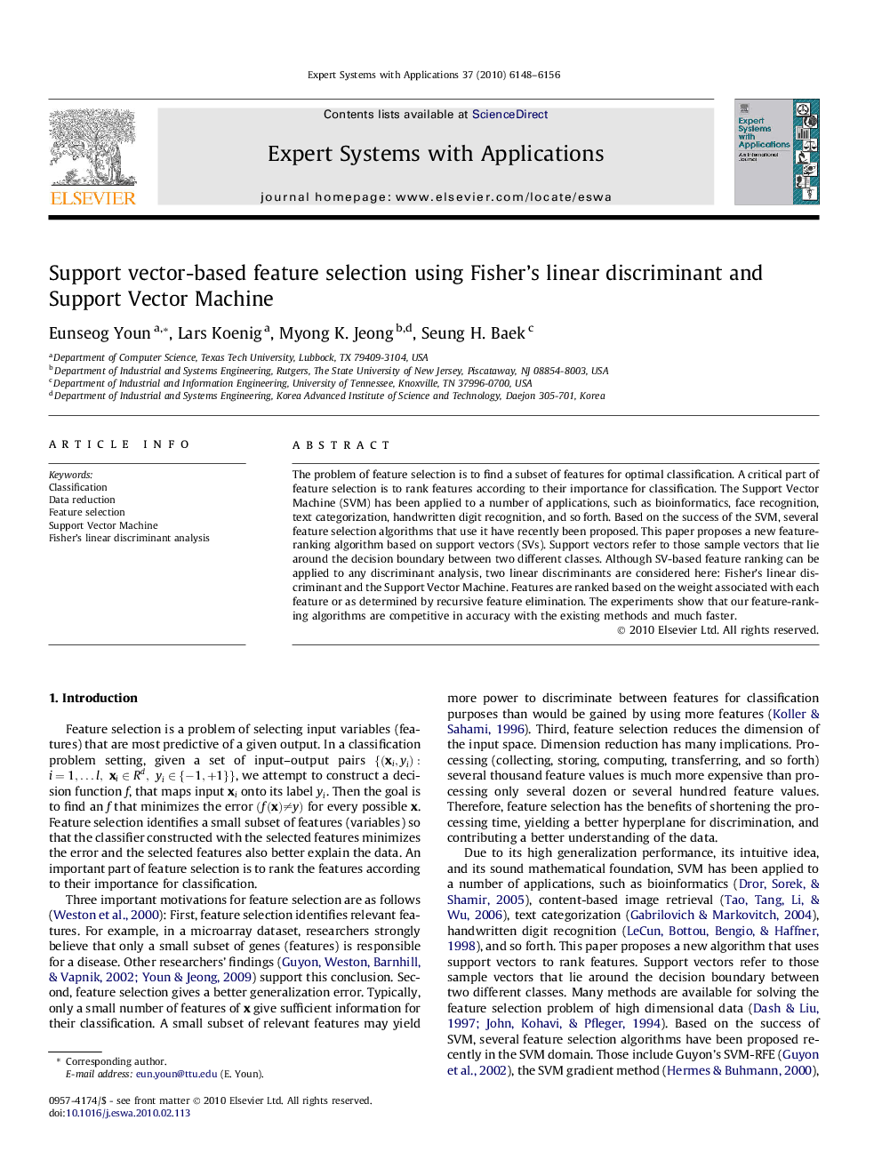 Support vector-based feature selection using Fisher’s linear discriminant and Support Vector Machine