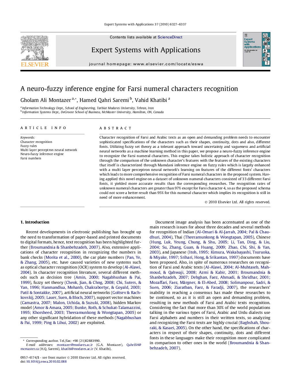 A neuro-fuzzy inference engine for Farsi numeral characters recognition