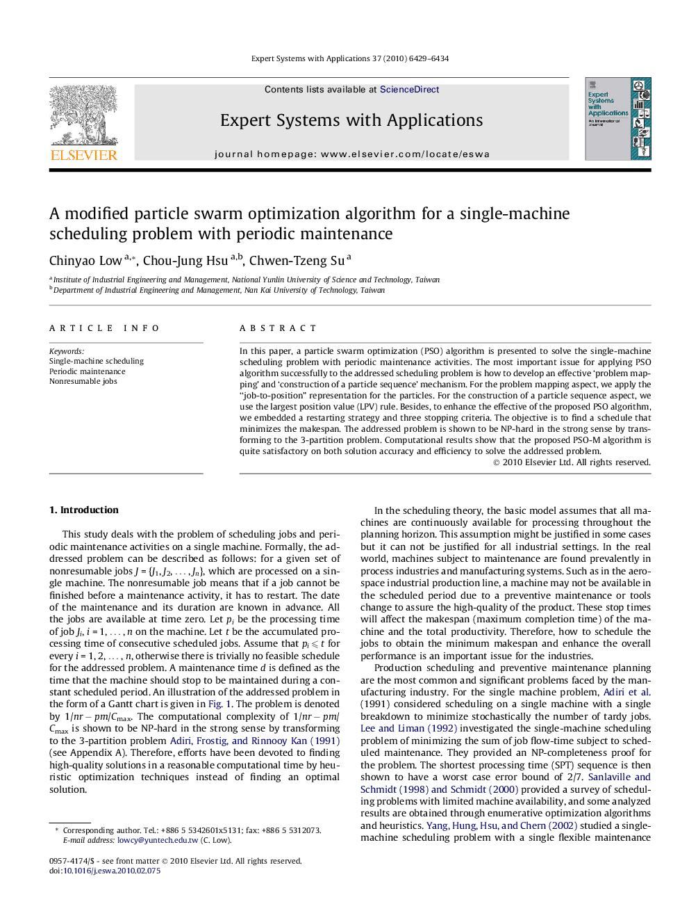 A modified particle swarm optimization algorithm for a single-machine scheduling problem with periodic maintenance