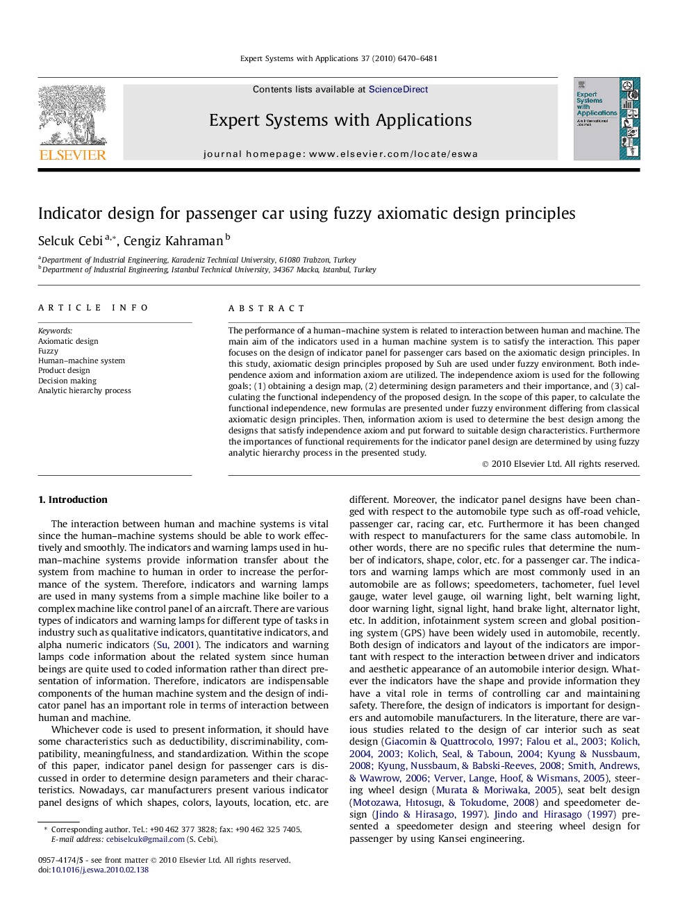 Indicator design for passenger car using fuzzy axiomatic design principles