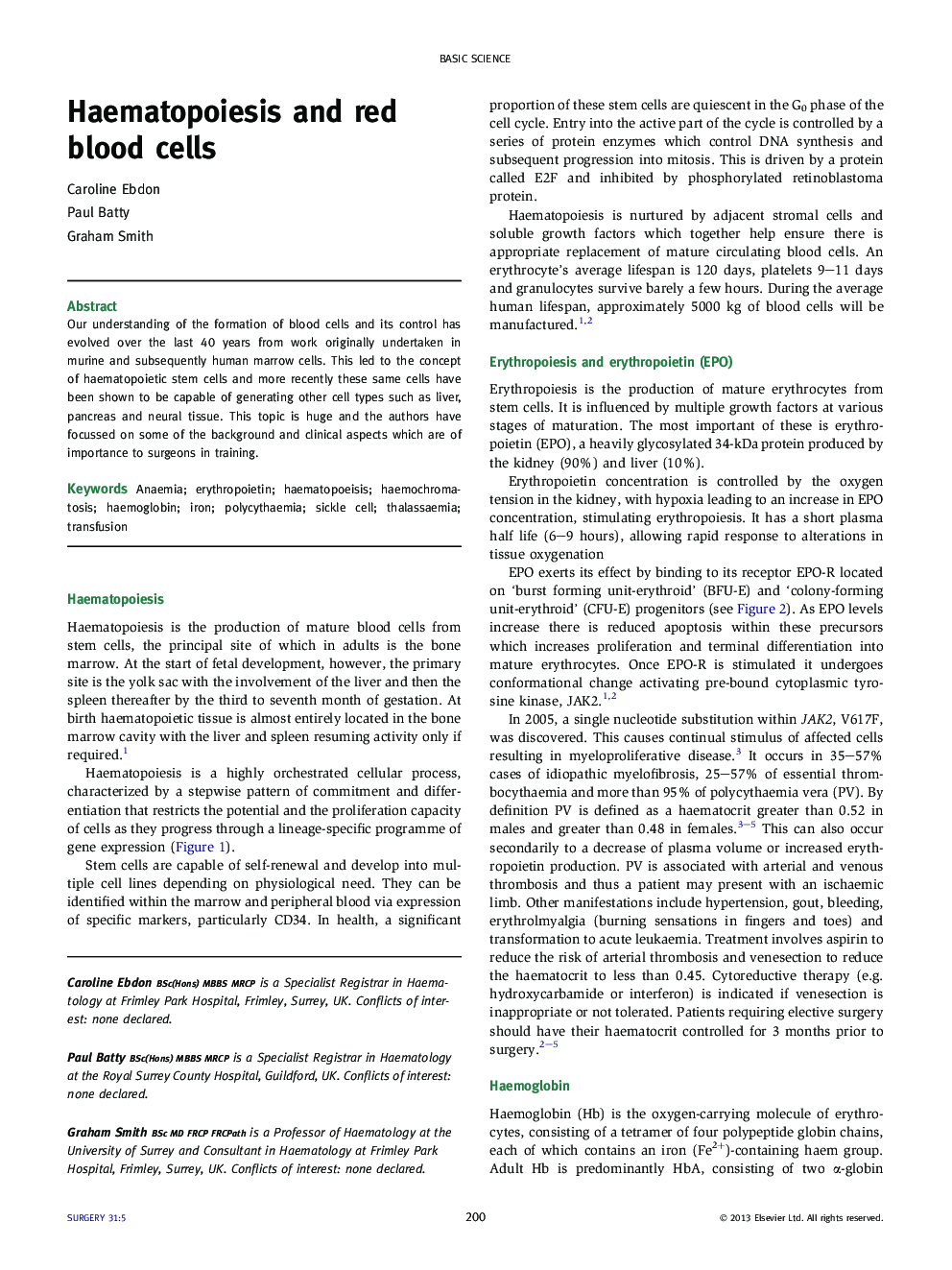 Haematopoiesis and red blood cells