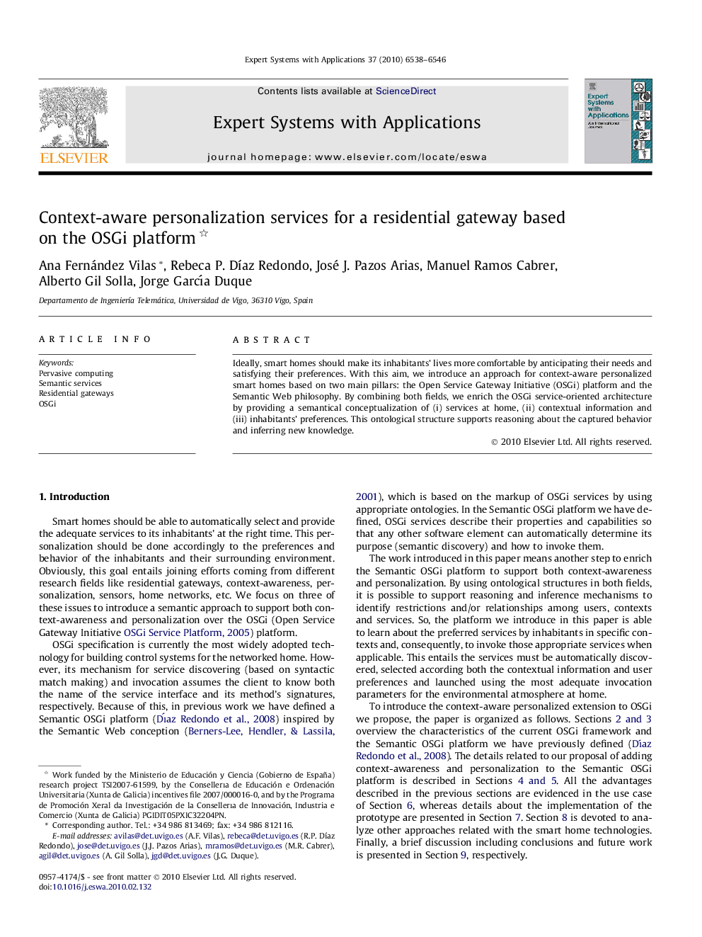 Context-aware personalization services for a residential gateway based on the OSGi platform 