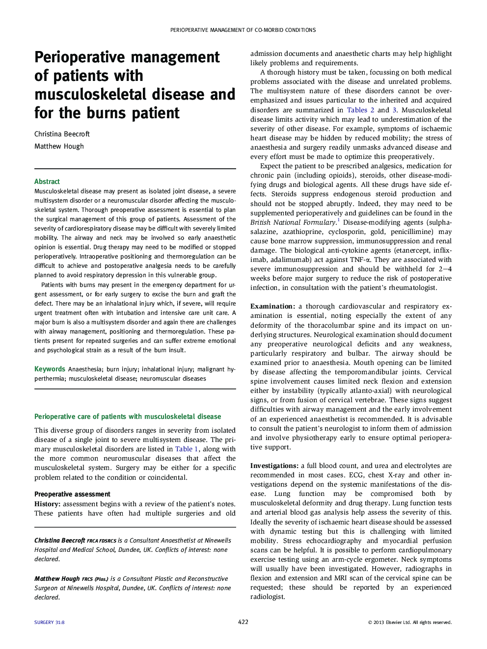 Perioperative management of patients with musculoskeletal disease and for the burns patient