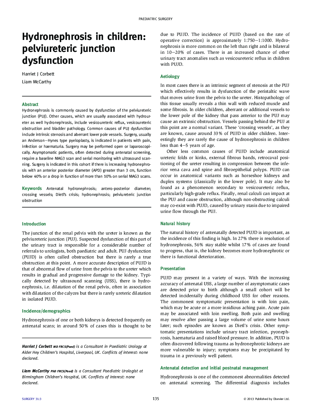 Hydronephrosis in children: pelviureteric junction dysfunction