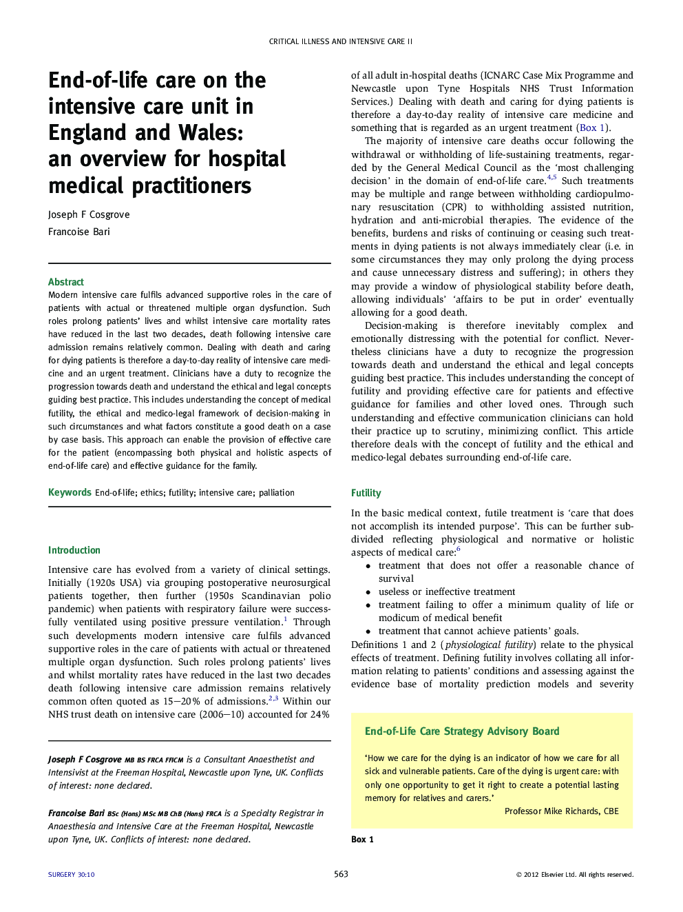 End-of-life care on the intensive care unit in England and Wales: an overview for hospital medical practitioners